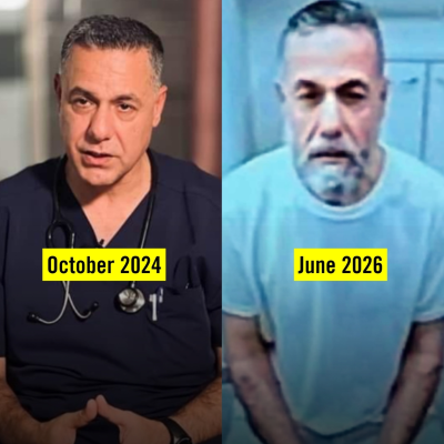 Two photographs of Dr. Hussam Abu Safiya side by side. Left, labelled October 2024: in hospital scrubs with a stethoscope, working as director of Kamal Adwan Hospital. Right, labelled June 2026: gaunt, grey-bearded and visibly aged after eighteen months in Israeli detention.